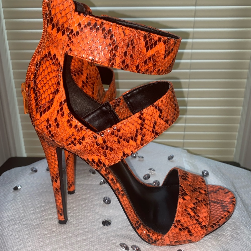 Orange Faux Snakeskin High Heel Sandals
